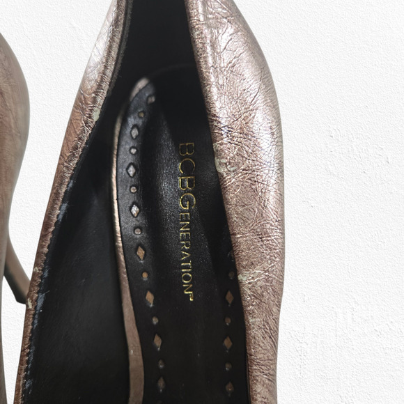 BCBGeneration Ariel Bronze Metallic Glam Leather Peep Toe Stiletto Heels Size 9 - Picture 9 of 15